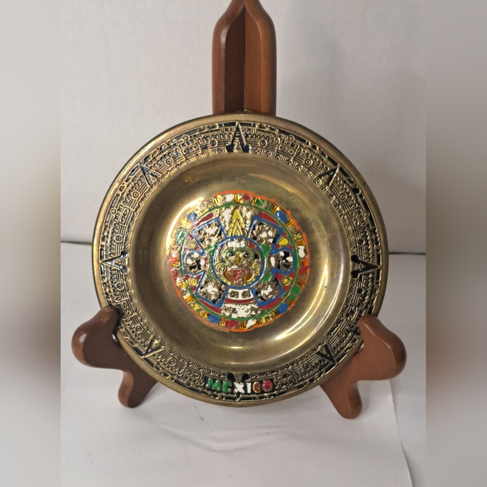 Vintage Mexico Tribal Hand Painted Embossed Brass Plate Plaque Souvenir
